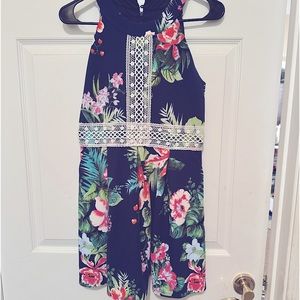 Amy Byers Tropical summer dress size 16 girls navy blue background pink floral